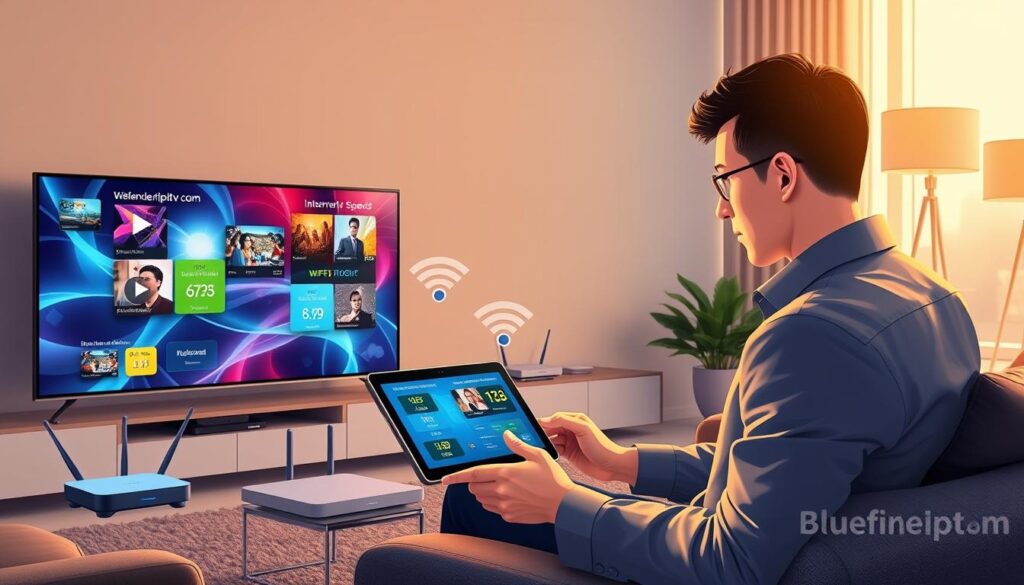 A detailed illustration showcasing the streaming quality and internet requirements for UK viewers, prominently featuring a high-tech living room setup with a large flat-screen television displaying vibrant streaming graphics. In the foreground, a person in smart casual attire is using a tablet to compare internet speeds, with colorful data visualizations floating around, representing different streaming resolutions. The middle layer includes wifi routers and devices subtly branded with “bluefireiptv.com” in the background, depicting a seamless home network environment. Soft, warm lighting illuminates the scene, creating an inviting atmosphere, while a modern aesthetic accentuates the focus on advanced technology. The overall mood is informative yet engaging, ideal for a tech-savvy audience eager to improve their streaming experience. A detailed illustration showcasing the streaming quality and internet requirements for UK viewers, prominently featuring a high-tech living room setup with a large flat-screen television displaying vibrant streaming graphics. In the foreground, a person in smart casual attire is using a tablet to compare internet speeds, with colorful data visualizations floating around, representing different streaming resolutions. The middle layer includes wifi routers and devices subtly branded with “bluefireiptv.com” in the background, depicting a seamless home network environment. Soft, warm lighting illuminates the scene, creating an inviting atmosphere, while a modern aesthetic accentuates the focus on advanced technology. The overall mood is informative yet engaging, ideal for a tech-savvy audience eager to improve their streaming experience.