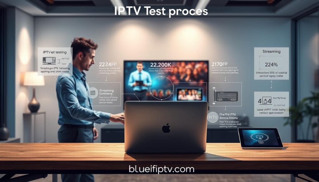 A detailed overview illustration of the "IPTV test process." In the foreground, a technician in smart casual attire interacts with a sleek laptop, displaying IPTV test software, while connected to various streaming devices like a smart TV and tablet. In the middle, infographics visually represent key steps of the testing process, including network monitoring and streaming quality metrics. The background features a modern office setting with ambient lighting emphasizing a focused atmosphere. Use a wide-angle perspective to capture the entire scene, with soft shadows for depth. The mood should convey precision and professionalism, highlighting the importance of optimal streaming performance. Add a subtle logo of "bluefireiptv.com" integrated into the workspace. A detailed overview illustration of the "IPTV test process." In the foreground, a technician in smart casual attire interacts with a sleek laptop, displaying IPTV test software, while connected to various streaming devices like a smart TV and tablet. In the middle, infographics visually represent key steps of the testing process, including network monitoring and streaming quality metrics. The background features a modern office setting with ambient lighting emphasizing a focused atmosphere. Use a wide-angle perspective to capture the entire scene, with soft shadows for depth. The mood should convey precision and professionalism, highlighting the importance of optimal streaming performance. Add a subtle logo of "bluefireiptv.com" integrated into the workspace.