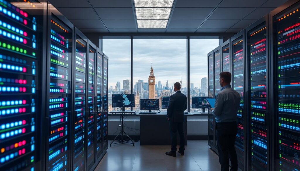 A detailed visualization of local UK IPTV servers enhancing streaming quality, set in a modern, stylish server room. In the foreground, sleek server racks display vibrant LED indicators, symbolizing data flow and connectivity. The middle ground showcases technicians in professional business attire monitoring screens showing streaming metrics and local network maps, reflecting focus and expertise. The background highlights a large window with a view of the UK skyline, bathed in soft natural light, creating an atmosphere of innovation and technology. The scene conveys a sense of reliability and seamless streaming experience. The image should encapsulate a futuristic vibe, emphasizing the importance of local servers in delivering high-quality IPTV services, subtly incorporating the theme of "bluefireiptv.com" in the visual aesthetics. A detailed visualization of local UK IPTV servers enhancing streaming quality, set in a modern, stylish server room. In the foreground, sleek server racks display vibrant LED indicators, symbolizing data flow and connectivity. The middle ground showcases technicians in professional business attire monitoring screens showing streaming metrics and local network maps, reflecting focus and expertise. The background highlights a large window with a view of the UK skyline, bathed in soft natural light, creating an atmosphere of innovation and technology. The scene conveys a sense of reliability and seamless streaming experience. The image should encapsulate a futuristic vibe, emphasizing the importance of local servers in delivering high-quality IPTV services, subtly incorporating the theme of "bluefireiptv.com" in the visual aesthetics.