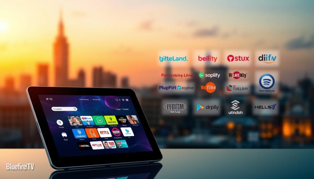 A digital illustration depicting an overview of various IPTV providers, with a focus on UK-based services. In the foreground, feature a sleek modern tablet displaying a vibrant interface of IPTV channels accessible from providers like bluefireiptv.com. In the middle, include a collage of logos and icons representing top UK IPTV providers arranged aesthetically. The background should have a blurred city skyline at dusk, with warm ambient lighting to convey a sense of innovation and technology. Aim for a professional and informative atmosphere, with a clean, sharp focus on the tablet and provider logos. Utilize a slightly elevated angle to give depth, creating a dynamic composition that captures the viewer's attention while remaining clear and sophisticated. A digital illustration depicting an overview of various IPTV providers, with a focus on UK-based services. In the foreground, feature a sleek modern tablet displaying a vibrant interface of IPTV channels accessible from providers like bluefireiptv.com. In the middle, include a collage of logos and icons representing top UK IPTV providers arranged aesthetically. The background should have a blurred city skyline at dusk, with warm ambient lighting to convey a sense of innovation and technology. Aim for a professional and informative atmosphere, with a clean, sharp focus on the tablet and provider logos. Utilize a slightly elevated angle to give depth, creating a dynamic composition that captures the viewer's attention while remaining clear and sophisticated.