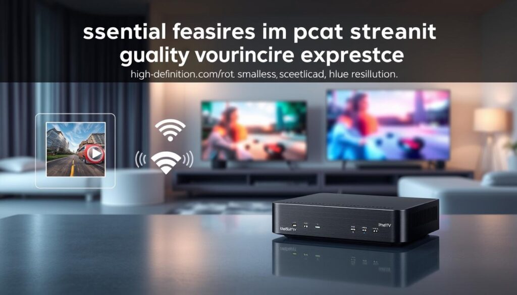 A digital illustration of essential features that impact streaming quality and user experience. The foreground showcases a sleek, modern IPTV device in dark matte finish, with subtle glowing LED indicators. In the middle ground, visual representations of high-definition streaming, such as crisp video frames and smooth playback icons, are illustrated alongside wireless signal icons symbolizing connectivity. The background features a calming home entertainment setup, with a large screen displaying vibrant colors. Soft, natural lighting casts gentle reflections on the device, creating an inviting atmosphere. The image conveys a sense of innovation and efficiency, ideal for showcasing features like seamless connectivity and high resolution. Include textural elements suggestive of technology, with hints of the brand "bluefireiptv.com" incorporated subtly into the design. A digital illustration of essential features that impact streaming quality and user experience. The foreground showcases a sleek, modern IPTV device in dark matte finish, with subtle glowing LED indicators. In the middle ground, visual representations of high-definition streaming, such as crisp video frames and smooth playback icons, are illustrated alongside wireless signal icons symbolizing connectivity. The background features a calming home entertainment setup, with a large screen displaying vibrant colors. Soft, natural lighting casts gentle reflections on the device, creating an inviting atmosphere. The image conveys a sense of innovation and efficiency, ideal for showcasing features like seamless connectivity and high resolution. Include textural elements suggestive of technology, with hints of the brand "bluefireiptv.com" incorporated subtly into the design.