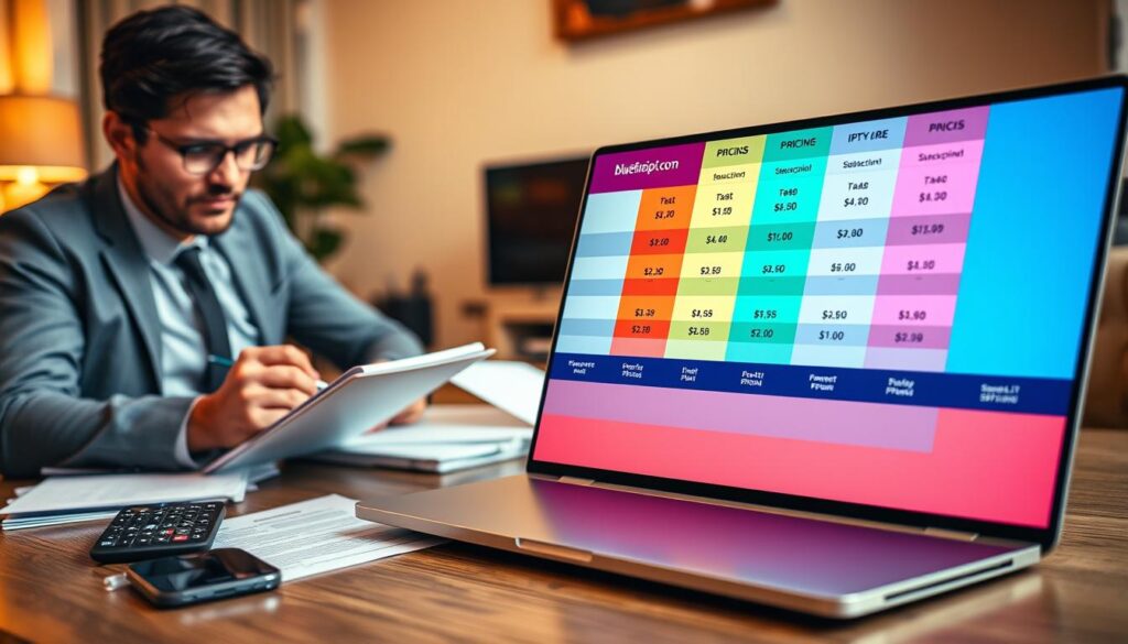 A dynamic and engaging scene depicting a comparison of pricing plans for IPTV subscriptions. In the foreground, a sleek, modern laptop displaying a colorful chart comparing various IPTV pricing options, with the brand name "bluefireiptv.com" prominently featured. To the left, a professional-looking individual in smart casual attire is focused on the screen, jotting down notes on a notepad. The middle ground features scattered documents and a smartphone displaying streaming options, enhancing the idea of comparison shopping. The background is softly blurred to suggest a cozy home office setting with warm ambient lighting. The overall atmosphere is one of diligence and affordability, inviting viewers to explore cost-effective options for UK IPTV subscriptions.