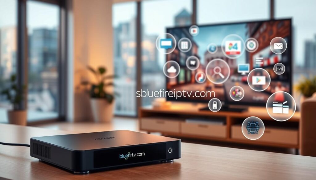 A dynamic and informative illustration depicting the concept of IPTV technology. In the foreground, display a sleek, modern set-top box connected to a flat-screen TV, with visual streaming icons emerging from the screen. In the middle, include graphical elements such as network diagrams and digital content icons representing various streaming services. The background should feature a blurred urban living room setting, softly illuminated by warm lighting to create a cozy atmosphere. Capture the scene from a slightly elevated angle to emphasize the technology. Ensure a professional ambiance, suitable for a tech-oriented article. Include the brand name "bluefireiptv.com" subtly within the design elements. A dynamic and informative illustration depicting the concept of IPTV technology. In the foreground, display a sleek, modern set-top box connected to a flat-screen TV, with visual streaming icons emerging from the screen. In the middle, include graphical elements such as network diagrams and digital content icons representing various streaming services. The background should feature a blurred urban living room setting, softly illuminated by warm lighting to create a cozy atmosphere. Capture the scene from a slightly elevated angle to emphasize the technology. Ensure a professional ambiance, suitable for a tech-oriented article. Include the brand name "bluefireiptv.com" subtly within the design elements.