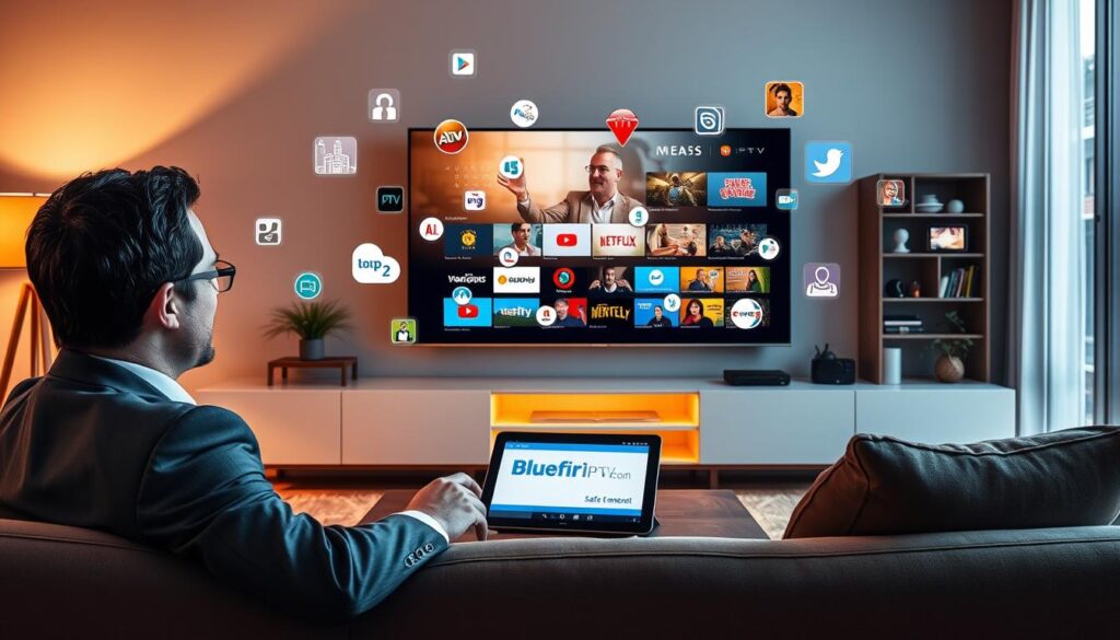 A dynamic and informative illustration of "IPTV Landscape and User Intent." In the foreground, showcase a modern living room with a user comfortably seated on a sofa, engrossed in a high-definition TV screen displaying various IPTV channels. The user, dressed in professional business attire, reflects a sense of focus and enjoyment. In the middle layer, artistic representations of diverse IPTV services, such as streaming icons and channel menus, float around the television, indicating options and user intent. The background features a cozy home ambiance with warm lighting, enriching a relaxed atmosphere. Subtle elements, such as a digital tablet displaying the bluefireiptv.com website on a coffee table, enhance the context. The overall mood is engaging and user-centric, emphasizing the evolving IPTV landscape while maintaining a safe and professional demeanor.
