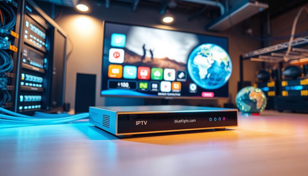 A dynamic composition showcasing the technology behind IPTV services for quality streaming. In the foreground, a sleek, modern IPTV device with LED indicators gleams in a subtle blue light. To the left, an array of high-tech cables and a computer server are visible, representing data transmission. The middle layer features a large screen displaying various streaming icons and a high-definition image, illustrating rich content. In the background, network routers and a globe symbolize the global reach of IPTV services. The scene is illuminated with soft, ambient lighting that conveys innovation and connectivity, shot from a slightly elevated angle to enhance the vibrancy of the technologies. Include branding for "bluefireiptv.com" subtly integrated into the design.