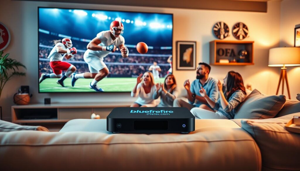A dynamic scene depicting a modern living room, featuring a large screen showcasing a high-energy sports event, like football or boxing, symbolizing IPTV sports coverage. In the foreground, a family of four is gathered on a stylish couch, all dressed in casual attire, cheering enthusiastically. The middle layer includes a sleek IPTV device prominently displaying the logo "bluefireiptv.com". In the background, soft ambient lighting creates a cozy atmosphere, with sports memorabilia adorning the walls. The image captures the excitement and engagement of sports fans enjoying live coverage through pay-per-view access. Use a wide-angle lens effect to enhance depth and convey the energy of the moment, ensuring a vibrant and lively mood throughout.