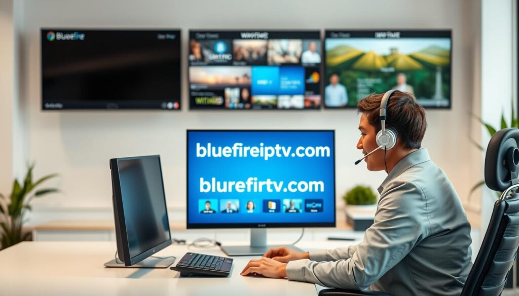 A focused and professional customer support scene for IPTV services, featuring a friendly support representative seated at a sleek desk, wearing professional business attire. The representative is engaged in a conversation, wearing a headset, and surrounded by modern technology including multiple monitors displaying IPTV options. In the middle ground, a digital welcome screen displays the brand name "bluefireiptv.com" showcasing various IPTV services. The background should include a bright, inviting customer service office environment with soft lighting, clean lines, and some plants for a calming effect. The overall mood is reassuring and supportive, emphasizing customer assistance and accessibility. The perspective is slightly elevated to capture both the representative and the digital displays, fostering an engaging and professional atmosphere.