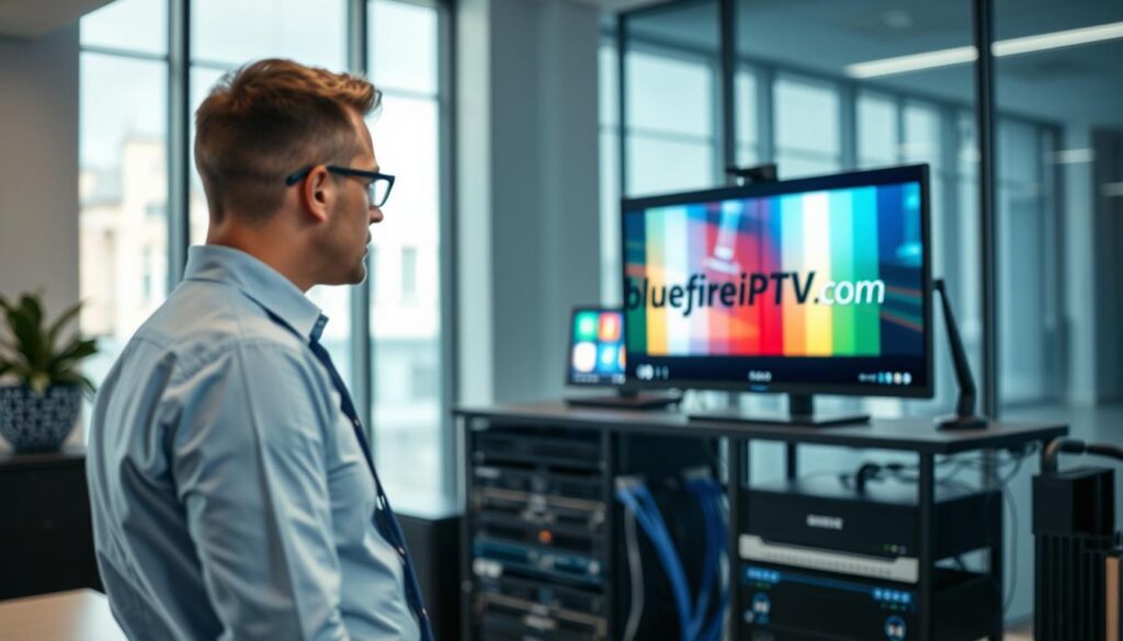 A focused shot of a modern, sleek office environment where a professional in business attire is conducting an IPTV test. In the foreground, the tester is intently monitoring streaming quality on a high-resolution screen displaying colorful IPTV content. The middle layer features technical equipment like routers and cables neatly arranged, conveying a sense of organization and expertise. The background includes large windows with soft natural light pouring in, enhancing a productive atmosphere. The scene has a cool color palette with hints of blue, symbolizing technology. The entire composition suggests a serious yet calm mood, reflecting the dedication to ensuring the best IPTV streaming quality. The brand logo "bluefireiptv.com" subtly placed on the monitor screen adds a professional touch. A focused shot of a modern, sleek office environment where a professional in business attire is conducting an IPTV test. In the foreground, the tester is intently monitoring streaming quality on a high-resolution screen displaying colorful IPTV content. The middle layer features technical equipment like routers and cables neatly arranged, conveying a sense of organization and expertise. The background includes large windows with soft natural light pouring in, enhancing a productive atmosphere. The scene has a cool color palette with hints of blue, symbolizing technology. The entire composition suggests a serious yet calm mood, reflecting the dedication to ensuring the best IPTV streaming quality. The brand logo "bluefireiptv.com" subtly placed on the monitor screen adds a professional touch.