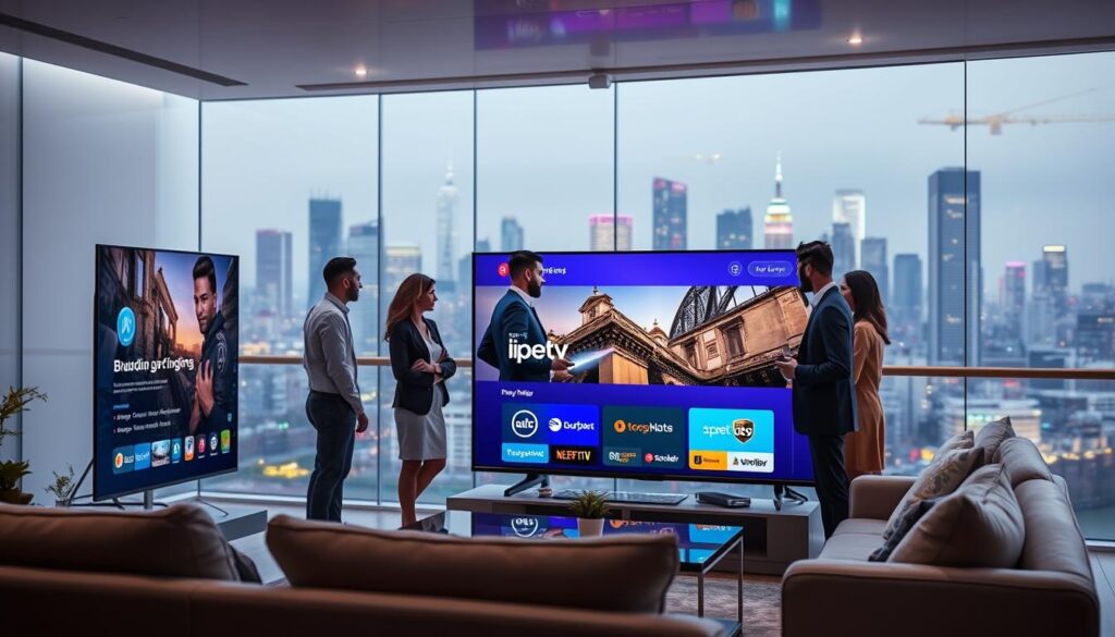A futuristic digital landscape showcasing "Top IPTV service providers for UK streamers in 2026." In the foreground, a sleek, modern television screen displays vibrant IPTV interface graphics from leading providers like "bluefireiptv.com," emphasizing key features and user-friendly navigation. The middle ground features a group of diverse, professional individuals, dressed in smart casual attire, discussing streaming options around a stylish coffee table. In the background, a city skyline glows with neon lights, symbolizing advanced technology and innovation. The atmosphere is bright and inviting, with soft lighting that highlights the technology's accessibility. Use a wide-angle lens to capture depth, with a slight bokeh effect on the distant buildings to enhance focus on the IPTV content and people engaging in conversation.