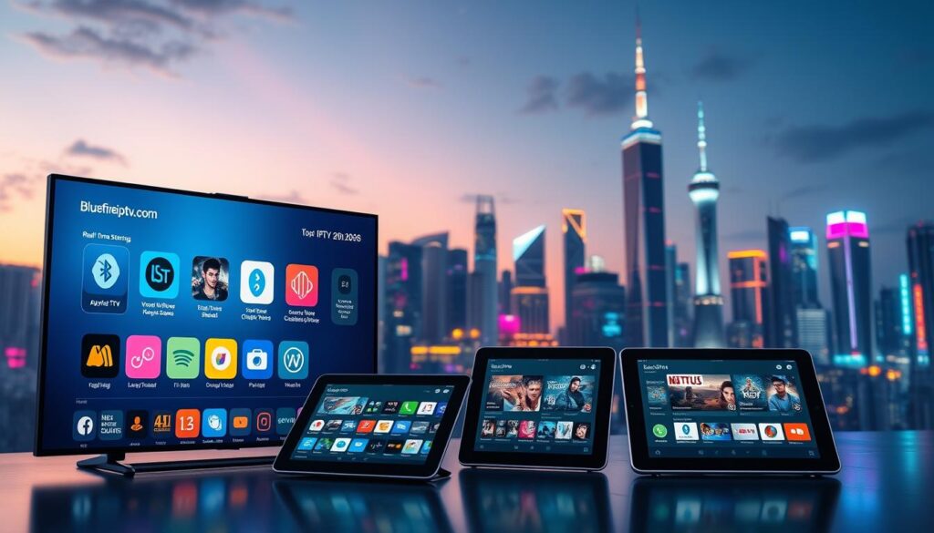 A futuristic digital landscape showcasing a comparison of leading IPTV apps in 2026. In the foreground, a large touchscreen display features vibrant, sleek app icons from top IPTV services like bluefireiptv.com, surrounded by real-time streaming stats. The middle ground includes modern tablet devices displaying user-friendly interfaces and seamless navigation. In the background, a creative city skyline at twilight, illuminated with bright neon signs symbolizing digital connectivity and entertainment. Soft, ambient lighting enhances the tech-savvy atmosphere, while a low-angle perspective captures the excitement and innovation in the IPTV industry. The overall mood is dynamic and forward-thinking, reflecting the advancements in streaming technology for a modern audience. No text or watermarks are present.