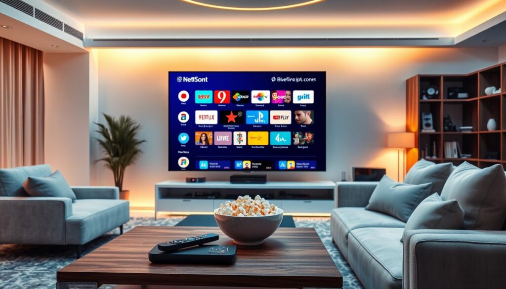 A futuristic living room, featuring a sleek IPTV player interface on a large flat-screen TV, displaying an array of vibrant channel icons representing different genres. The foreground showcases a stylish coffee table with a remote control and a bowl of popcorn, emphasizing comfort and entertainment. In the middle, a modern sofa with plush cushions invites viewers to settle in for a good watch. Soft, warm lighting casts a cozy glow throughout the room, highlighting the details of contemporary decor. The background features a bookshelf with tech gadgets and decorative items, creating a balanced atmosphere. Ensure the IPTV player interface reflects the brand "bluefireiptv.com", showcasing its user-friendly navigation and interactive features. The overall mood conveys relaxation and enjoyment, illustrating the importance of selecting the best IPTV player for an enhanced viewing experience.