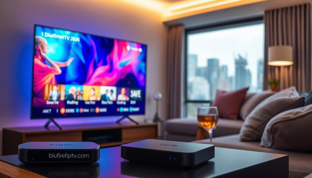 A futuristic living room setting showcasing an advanced IPTV setup in 2026. In the foreground, a sleek smart TV displays vibrant high-definition streaming content, highlighting exceptional picture quality and resolution. Beside it, a modern streaming device with the logo "bluefireiptv.com" subtly visible, symbolizes reliability and cutting-edge technology. In the middle ground, a cozy couch with stylish pillows invites viewers to relax, while a glass of refreshing beverage suggests a casual viewing atmosphere. The background features a bright, airy window with cityscape views, enhancing the feeling of modernity and innovation. Soft, diffused lighting illuminates the scene, creating a warm, inviting mood that reflects the seamless streaming experience expected in 2026.