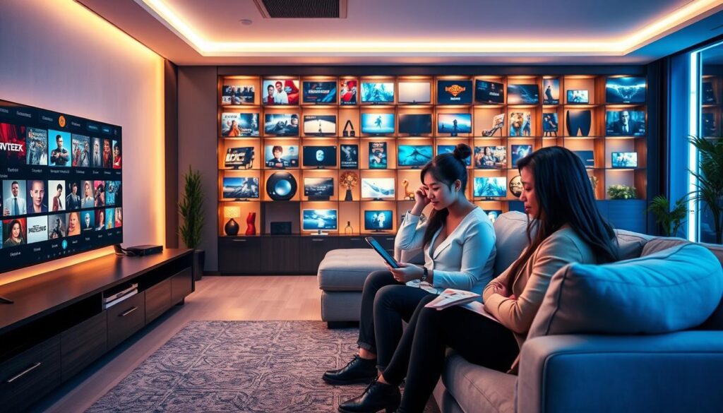 A futuristic living room setting that embodies the concept of "Future-proofing your entertainment with IPTV subscriptions." In the foreground, a sleek, modern entertainment console displays a variety of digital screens, showcasing diverse streaming options. The middle ground features a comfortable sofa with a couple of professionals dressed in smart casual clothing, engaging with a tablet to browse IPTV options, appearing relaxed and connected. In the background, glowing LED lights subtly illuminate a wall filled with technology, indicating the evolution of media consumption. The atmosphere is warm and inviting, emphasizing a blend of innovation and comfort. Soft, ambient lighting creates a cozy mood, highlighting the digital age's impact on home entertainment. Incorporate elements that symbolize forward-thinking technology, while ensuring the aesthetic is harmonious and appealing. Ensure “bluefireiptv.com” is integrated into the design as part of the streaming interfaces visible on the screens. A futuristic living room setting that embodies the concept of "Future-proofing your entertainment with IPTV subscriptions." In the foreground, a sleek, modern entertainment console displays a variety of digital screens, showcasing diverse streaming options. The middle ground features a comfortable sofa with a couple of professionals dressed in smart casual clothing, engaging with a tablet to browse IPTV options, appearing relaxed and connected. In the background, glowing LED lights subtly illuminate a wall filled with technology, indicating the evolution of media consumption. The atmosphere is warm and inviting, emphasizing a blend of innovation and comfort. Soft, ambient lighting creates a cozy mood, highlighting the digital age's impact on home entertainment. Incorporate elements that symbolize forward-thinking technology, while ensuring the aesthetic is harmonious and appealing. Ensure “bluefireiptv.com” is integrated into the design as part of the streaming interfaces visible on the screens.