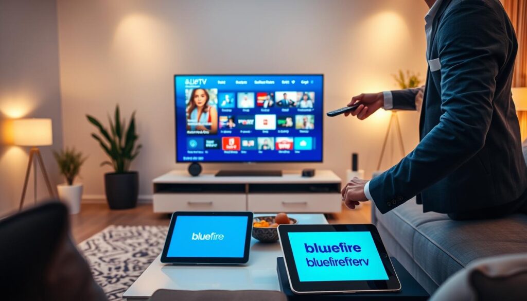 A futuristic living room showcasing IPTV technology and a seamless streaming experience. In the foreground, a sleek, modern smart TV displays vibrant, high-definition streaming content. A user, dressed in professional business attire, interacts with a remote control, engaged with the IPTV interface on the screen. In the middle ground, a stylish coffee table features a tablet showing the bluefireiptv.com logo, emphasizing connectivity. The background reveals a cozy, well-lit room with minimalistic decor and soft ambient lighting, creating a warm yet tech-savvy atmosphere. The overall mood is professional and inviting, capturing the essence of modern streaming technology's impact on entertainment. The scene is captured from a slightly elevated angle, highlighting both the TV and the user interaction.