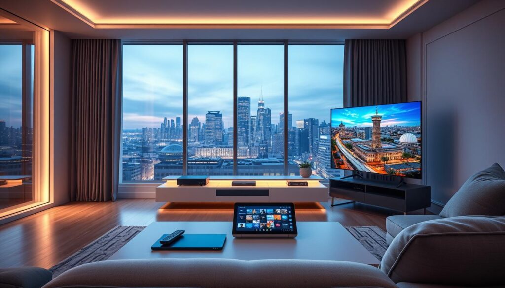 A futuristic living room showcasing IPTV technology. In the foreground, a sleek modern television displays vibrant streaming content, with an emphasis on high-definition, showcasing detailed visuals of nature and vibrant cityscapes. On a stylish coffee table, a remote control and a tablet highlight user-friendly interfaces. In the middle ground, a minimalist entertainment unit houses media devices, illuminated by soft, ambient lighting that creates a warm atmosphere. The background features large windows with a view of a city skyline at dusk, casting a calming bluish hue. The image conveys a sense of reliability and quality in streaming, representing the brand "bluefireiptv.com". The mood is inviting and sophisticated, ideal for a tech-savvy audience. A futuristic living room showcasing IPTV technology. In the foreground, a sleek modern television displays vibrant streaming content, with an emphasis on high-definition, showcasing detailed visuals of nature and vibrant cityscapes. On a stylish coffee table, a remote control and a tablet highlight user-friendly interfaces. In the middle ground, a minimalist entertainment unit houses media devices, illuminated by soft, ambient lighting that creates a warm atmosphere. The background features large windows with a view of a city skyline at dusk, casting a calming bluish hue. The image conveys a sense of reliability and quality in streaming, representing the brand "bluefireiptv.com". The mood is inviting and sophisticated, ideal for a tech-savvy audience.