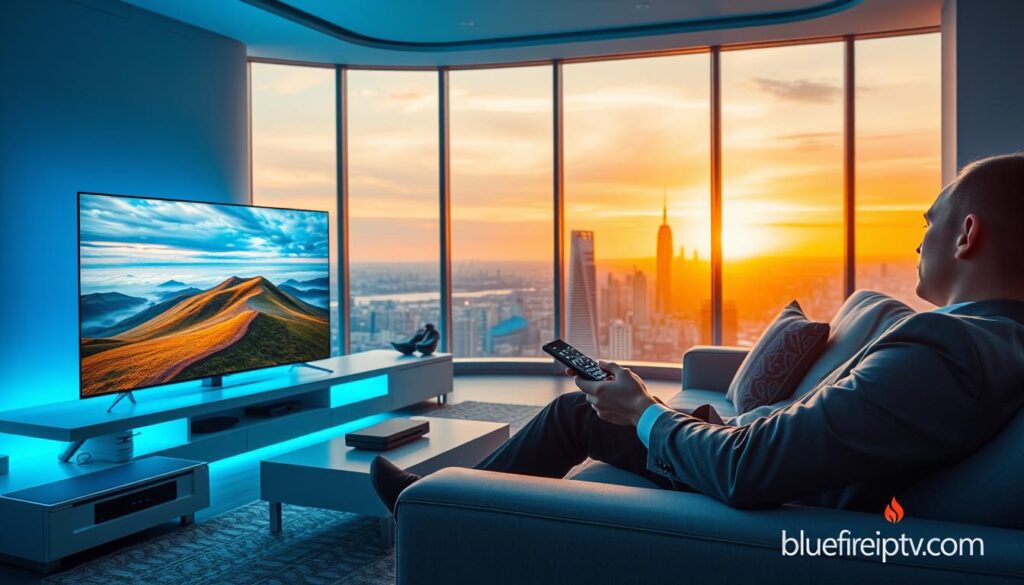 A futuristic living room that embodies the essence of IPTV streaming quality in 2026. In the foreground, a sleek, ultra-high-definition television displays a vibrant landscape on-screen, showcasing crisp details and vivid colors. A person in professional business attire sits comfortably on a modern couch, holding a remote control, eyes focused on the broadcast. In the middle ground, a stylish entertainment unit holds streaming devices, glowing softly with blue light. The background has large windows revealing a city skyline at sunset, casting warm golden light into the space, enhancing the inviting atmosphere. The overall mood is one of relaxation and advanced technology. Include a subtle brand logo "bluefireiptv.com" integrated into the scene, emphasizing quality and innovation without disruption to the composition.