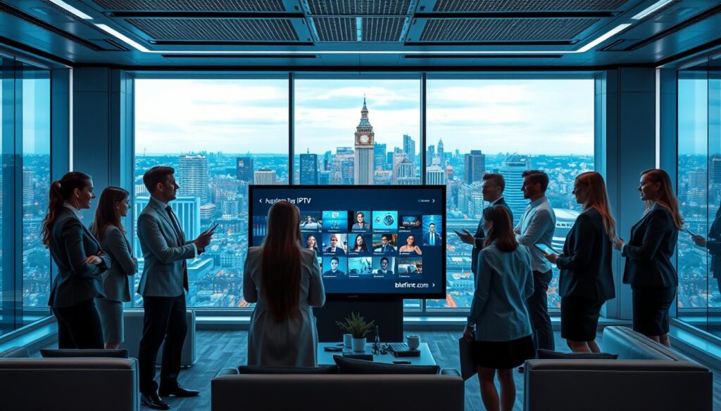 A futuristic office environment showcasing advanced IPTV technology. In the foreground, a diverse group of professionals in smart business attire collaborates around a large digital touchscreen displaying various IPTV streaming options. The middle ground features sleek, modern furniture and large windows with a view of a vibrant cityscape, symbolizing the UK. In the background, soft ambient lighting highlights the technological features of the space, including holographic displays and smart devices. The overall atmosphere is dynamic and innovative, with a cool color palette emphasizing a forward-thinking vibe, showcasing concepts of interactivity and connectivity. Include subtle branding of "bluefireiptv.com" integrated within the technology displays, reinforcing the theme of future trends in IPTV providers for UK streaming services. A futuristic office environment showcasing advanced IPTV technology. In the foreground, a diverse group of professionals in smart business attire collaborates around a large digital touchscreen displaying various IPTV streaming options. The middle ground features sleek, modern furniture and large windows with a view of a vibrant cityscape, symbolizing the UK. In the background, soft ambient lighting highlights the technological features of the space, including holographic displays and smart devices. The overall atmosphere is dynamic and innovative, with a cool color palette emphasizing a forward-thinking vibe, showcasing concepts of interactivity and connectivity. Include subtle branding of "bluefireiptv.com" integrated within the technology displays, reinforcing the theme of future trends in IPTV providers for UK streaming services.