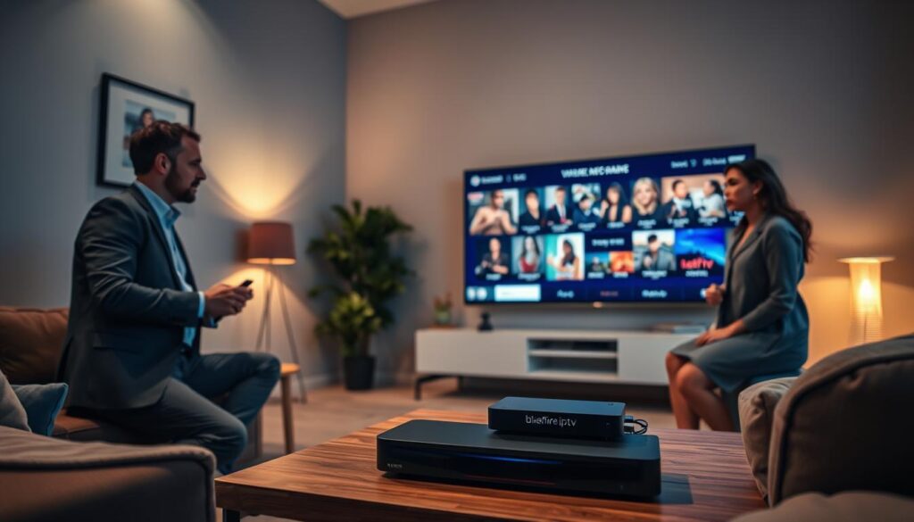 A high-tech living room setting during a cozy evening, showcasing IPTV technology ensuring reliable streaming. In the foreground, a sleek modern television displays a vibrant image of diverse content. To the left, a professional adult man in business attire adjusts a remote, while to the right, a woman in modest casual clothing is immersed in watching. The middle ground features a stylish coffee table with smart devices and a neatly arranged cable box labeled "bluefireiptv.com," symbolizing the advanced connectivity. The background has soft dim lighting from standing lamps, creating an inviting atmosphere. Use a wide-angle lens to capture the entire scene, emphasizing warmth and engagement, portraying a seamless viewing experience.