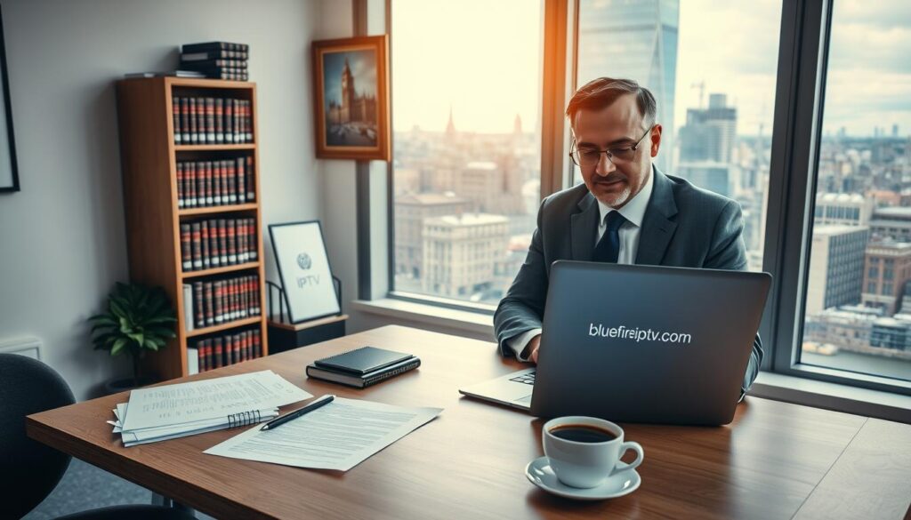 A legal professional in a tidy modern office, focused on reviewing IPTV regulations in the UK. The foreground features a wooden desk with legal documents, a laptop displaying the website bluefireiptv.com, and a cup of coffee. The middle ground includes bookshelves filled with law books and a framed portrait of iconic British landmarks, indicating a connection to local laws. In the background, a large window reveals a bustling cityscape, hinting at the impact of IPTV on urban life. Soft, natural light streams in, creating a warm and professional atmosphere. The mood is serious yet approachable, emphasizing the importance of legal and safety considerations in IPTV services.