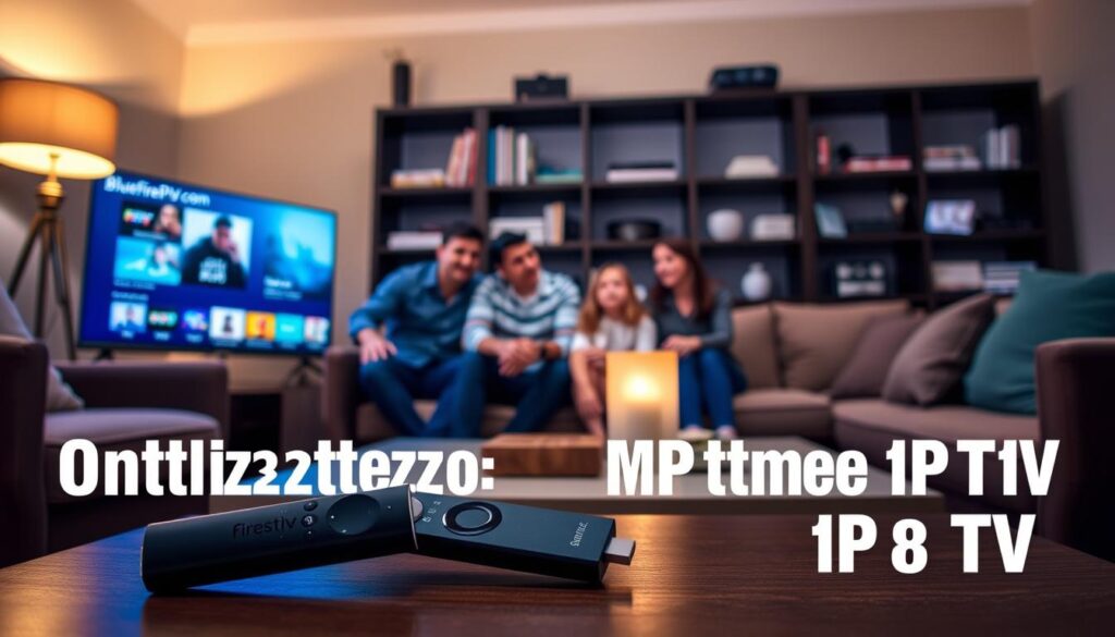 A living room scene illustrating the optimization of IPTV experience on a Firestick, with a smart TV displaying a vibrant IPTV interface from bluefireiptv.com. In the foreground, a sleek black Firestick remote rests on a stylish coffee table surrounded by a cozy sofa and a warm lamp casting soft light. In the middle, a family of three is dressed in casual attire, attentively watching the TV, with expressions of enjoyment and engagement. The background features shelves with books and gadgets, creating a modern, inviting atmosphere. The lighting is ambient, with a focus on the TV screen, capturing a sense of relaxation and contemporary lifestyle, perfect for seamless streaming experiences. A living room scene illustrating the optimization of IPTV experience on a Firestick, with a smart TV displaying a vibrant IPTV interface from bluefireiptv.com. In the foreground, a sleek black Firestick remote rests on a stylish coffee table surrounded by a cozy sofa and a warm lamp casting soft light. In the middle, a family of three is dressed in casual attire, attentively watching the TV, with expressions of enjoyment and engagement. The background features shelves with books and gadgets, creating a modern, inviting atmosphere. The lighting is ambient, with a focus on the TV screen, capturing a sense of relaxation and contemporary lifestyle, perfect for seamless streaming experiences.
