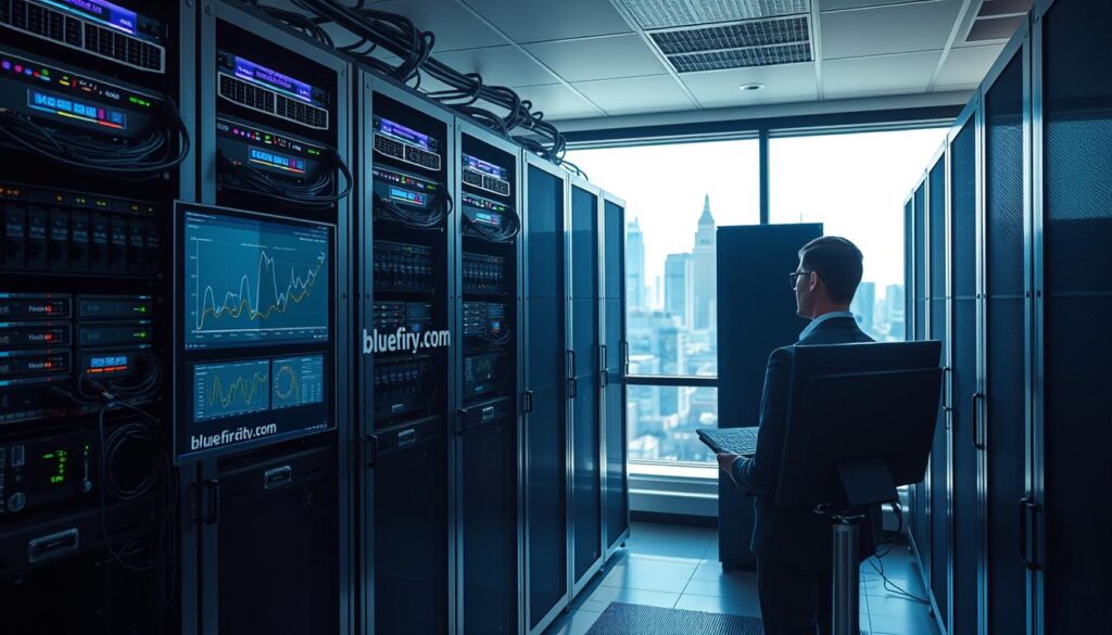 A modern UK server room focused on IPTV optimization, showcasing sleek, high-performance servers with colorful LED indicators, cables neatly organized on racks. In the foreground, a professional technician, dressed in business attire, monitors a computer screen displaying analytics graphs and performance metrics. The middle ground features more server racks with cooling units, illustrating a high-tech environment. The background shows a large window with a view of the London skyline bathed in soft daylight, creating an airy atmosphere. Bright, focused lighting highlights the servers and technician, while shadows add depth to the room. The brand name "bluefireiptv.com" is subtly integrated into the design of one of the server racks, emphasizing professionalism and innovation.