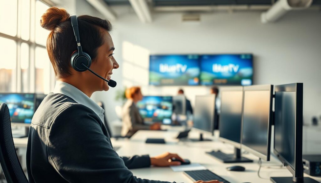 A modern and efficient customer support center for IPTV providers in the UK, set in 2026. In the foreground, a friendly customer service representative wearing professional attire interacts with a client via a headset, showcasing attentiveness and professionalism. In the middle ground, a sleek desk is equipped with multiple monitors displaying IPTV content and support tools. The background features a bright and well-organized office space, with a large window allowing natural light to flood in, creating a positive and inviting atmosphere. Soft shadows enhance the depth of the scene. The mood conveys reliability and efficiency, emphasizing the importance of customer service. Incorporate subtle references to "bluefireiptv.com" in the digital devices, reinforcing the IPTV provider theme without complicating the image.
