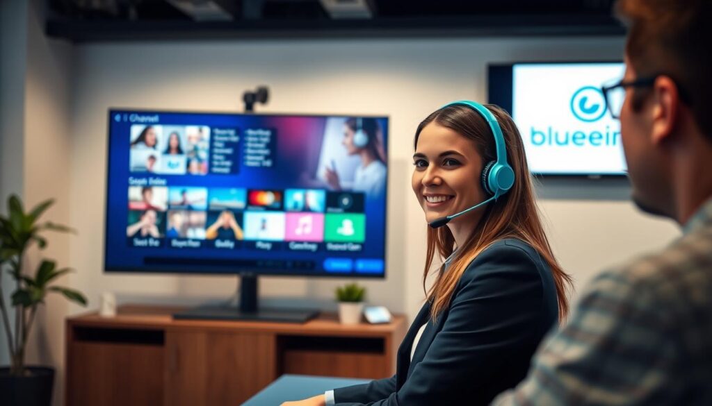 A modern and inviting customer support center focused on IPTV services, showcasing a professional customer service representative in a turquoise headset, engaging with a satisfied customer via video call. In the foreground, the representative is dressed in smart casual clothing, emphasizing a warm and approachable demeanor. The middle layer captures a sleek computer setup displaying vibrant IPTV channel options, highlighting quality content. In the background, a wall-mounted screen features the logo of "bluefireiptv.com" prominently. Soft, diffused lighting creates a welcoming atmosphere, while a slight depth of field effect draws attention to the engaging interaction in the foreground. The overall mood is friendly, professional, and supportive, reflecting the essential role of customer service in enhancing the IPTV experience.