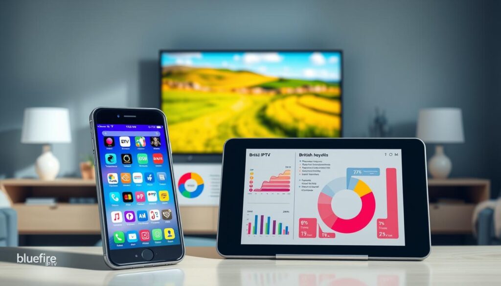 A modern and sleek infographic representation of British IPTV services, featuring the brand name "bluefireiptv.com". In the foreground, display a vibrant smartphone and a tablet showcasing various streaming apps, with colorful icons of popular British TV channels. The middle layer should highlight a detailed pie chart and graphs representing user demographics and viewing habits, rendered in a professional style. In the background, a softly lit living room environment can be seen, with a large flat-screen TV displaying a British countryside landscape, indicating a typical home entertainment setup. The atmosphere is engaging and informative, with a clean and contemporary design, capturing the essence of modern IPTV service exploration. Use soft natural lighting to emphasize clarity and visual appeal. A modern and sleek infographic representation of British IPTV services, featuring the brand name "bluefireiptv.com". In the foreground, display a vibrant smartphone and a tablet showcasing various streaming apps, with colorful icons of popular British TV channels. The middle layer should highlight a detailed pie chart and graphs representing user demographics and viewing habits, rendered in a professional style. In the background, a softly lit living room environment can be seen, with a large flat-screen TV displaying a British countryside landscape, indicating a typical home entertainment setup. The atmosphere is engaging and informative, with a clean and contemporary design, capturing the essence of modern IPTV service exploration. Use soft natural lighting to emphasize clarity and visual appeal.