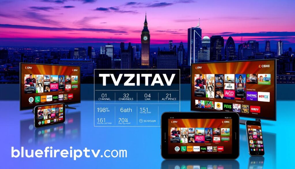 A modern and sleek overview image of the "TVZITAM IPTV Service", showcasing its innovative features and flexibility. In the foreground, display high-tech devices such as smart TVs, tablets, and smartphones with vivid screens streaming live TV channels. The middle ground features an infographic-style representation of key offerings like a diverse channel lineup, compatibility with various devices, and user-friendly interface. In the background, create a stylized city skyline symbolizing the UK, illuminated by a dusk sky with soft purple and blue lighting. Use a panoramic angle to capture the entire scene, evoking a sense of excitement and modernity. The atmosphere should be engaging and professional, appealing to tech-savvy audiences. Ensure the brand name "bluefireiptv.com" is subtly incorporated into the design.