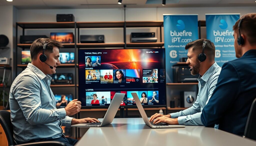 A modern customer support environment showcasing IPTV services. In the foreground, a professional representative in smart casual clothing attentively assists a customer via a laptop, emphasizing friendly and helpful communication. The middle ground features a large screen displaying vibrant IPTV content, depicting various streaming options, trial offers, and a user-friendly interface. In the background, shelves filled with IPTV equipment and promotional banners with the logo "bluefireiptv.com" create a dynamic atmosphere. Soft, warm lighting enhances the welcoming mood, while a slight depth of field focuses on the interaction between the representative and the customer. The overall setting is bright and inviting, embodying excellence in customer support and showcasing the appeal of trial offers in IPTV services.