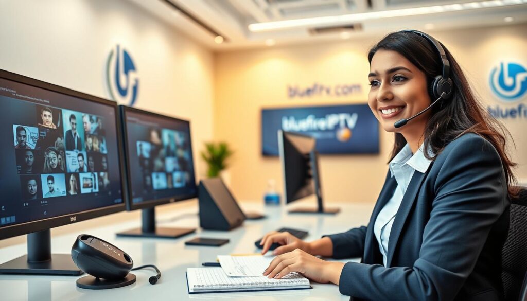 A modern customer support scenario for IPTV services, prominently featuring a customer support representative in professional attire, sitting at a sleek, modern desk with dual monitors displaying IPTV interfaces. The foreground captures the representative, a South Asian woman with a friendly demeanor, engaged in a conversation, while the middle ground shows a headset and a notepad filled with notes. In the background, a vibrant office environment with subtle branding elements of "bluefireiptv.com" can be seen, including a logo on a wall. The lighting is bright and inviting, with a slight warm tone that enhances the professional yet approachable atmosphere. The angle is slightly above eye level, providing a clear view of the representative's engaged expression, conveying the importance of customer support in IPTV services. A modern customer support scenario for IPTV services, prominently featuring a customer support representative in professional attire, sitting at a sleek, modern desk with dual monitors displaying IPTV interfaces. The foreground captures the representative, a South Asian woman with a friendly demeanor, engaged in a conversation, while the middle ground shows a headset and a notepad filled with notes. In the background, a vibrant office environment with subtle branding elements of "bluefireiptv.com" can be seen, including a logo on a wall. The lighting is bright and inviting, with a slight warm tone that enhances the professional yet approachable atmosphere. The angle is slightly above eye level, providing a clear view of the representative's engaged expression, conveying the importance of customer support in IPTV services.