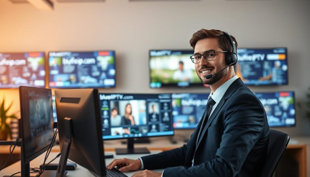 A modern customer support scene centered around a professional call center environment, featuring an attentive customer support representative in business attire, wearing a headset and engaging with a customer on screen. In the foreground, a sleek desk with a high-performance computer displaying a user-friendly IPTV interface. The middle background showcases multiple screens revealing IPTV channels and service analytics, highlighting reliability and efficiency. Soft, warm lighting creates an inviting atmosphere, with the overall mood being professional and reassuring. In the background, subtle branding elements of "bluefireiptv.com" appear on the screens, emphasizing their commitment to excellent customer service. The angle is a dynamic close-up, focusing on the representative's confident expression while maintaining a clean, professional aesthetic.