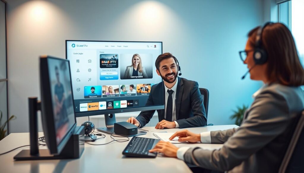 A modern customer support scene depicting a professional IPTV service representative engaged in a friendly video call with a customer, showcasing excellent user experience. In the foreground, the representative is wearing smart business attire, sitting at a sleek desk with a computer, headset, and IPTV-related paraphernalia. The middle ground reveals a well-designed, user-friendly interface of IPTV services on the screen, highlighting features like channel guides and support options. In the background, a softly lit office environment conveys a sense of professionalism and warmth, with subtle blue accents reflecting the brand identity of bluefireiptv.com. The lighting is bright and encouraging, emphasizing a positive interaction. The overall mood is friendly, supportive, and solutions-focused, embodying the essence of customer service excellence in the IPTV sector. A modern customer support scene depicting a professional IPTV service representative engaged in a friendly video call with a customer, showcasing excellent user experience. In the foreground, the representative is wearing smart business attire, sitting at a sleek desk with a computer, headset, and IPTV-related paraphernalia. The middle ground reveals a well-designed, user-friendly interface of IPTV services on the screen, highlighting features like channel guides and support options. In the background, a softly lit office environment conveys a sense of professionalism and warmth, with subtle blue accents reflecting the brand identity of bluefireiptv.com. The lighting is bright and encouraging, emphasizing a positive interaction. The overall mood is friendly, supportive, and solutions-focused, embodying the essence of customer service excellence in the IPTV sector.