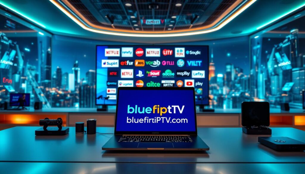 A modern digital landscape showcasing the best IPTV service providers in 2026. In the foreground, a sleek modern desk with a high-end laptop displaying the website "bluefireiptv.com" surrounded by devices like a smart TV and streaming gadgets. In the middle, a vibrant collage of logos from various IPTV providers, arranged artistically to highlight diversity and competitive features. The background features a futuristic city skyline with glowing screens reflecting the digital era, bathed in soft blue and green lighting to evoke a tech-savvy atmosphere. The scene should feel dynamic and engaging, with a focus on innovation and quality streaming, using a wide-angle lens to capture depth and detail. Overall, create a professional and inviting mood. A modern digital landscape showcasing the best IPTV service providers in 2026. In the foreground, a sleek modern desk with a high-end laptop displaying the website "bluefireiptv.com" surrounded by devices like a smart TV and streaming gadgets. In the middle, a vibrant collage of logos from various IPTV providers, arranged artistically to highlight diversity and competitive features. The background features a futuristic city skyline with glowing screens reflecting the digital era, bathed in soft blue and green lighting to evoke a tech-savvy atmosphere. The scene should feel dynamic and engaging, with a focus on innovation and quality streaming, using a wide-angle lens to capture depth and detail. Overall, create a professional and inviting mood.
