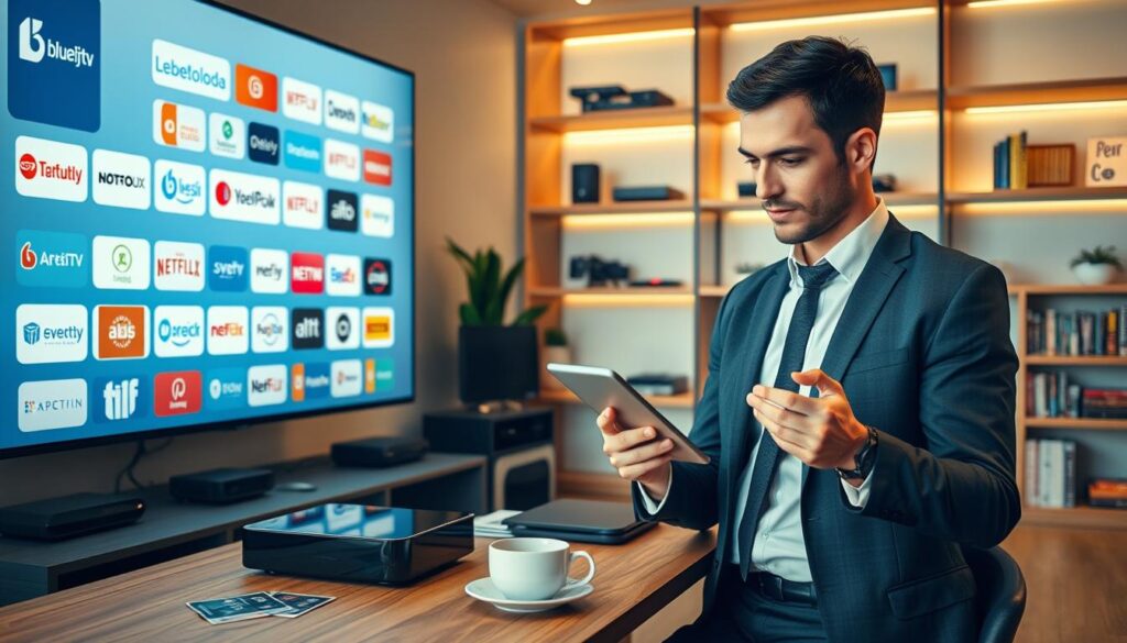 A modern digital workspace featuring a large screen displaying various IPTV service logos, including "bluefireiptv.com." In the foreground, a professional individual in business attire engages with a tablet, analyzing content options. The middle layer shows a stylish desk with streaming devices, subscription cards, and a cup of coffee. In the background, a well-lit room with shelves holding tech gadgets and books about modern technology. Soft, warm lighting creates an inviting atmosphere, emphasizing innovation and connectivity. The angle is slightly elevated to capture both the individual and the diverse array of IPTV options being explored. The overall mood conveys professionalism and excitement about cutting-edge streaming services available in 2026. A modern digital workspace featuring a large screen displaying various IPTV service logos, including "bluefireiptv.com." In the foreground, a professional individual in business attire engages with a tablet, analyzing content options. The middle layer shows a stylish desk with streaming devices, subscription cards, and a cup of coffee. In the background, a well-lit room with shelves holding tech gadgets and books about modern technology. Soft, warm lighting creates an inviting atmosphere, emphasizing innovation and connectivity. The angle is slightly elevated to capture both the individual and the diverse array of IPTV options being explored. The overall mood conveys professionalism and excitement about cutting-edge streaming services available in 2026.