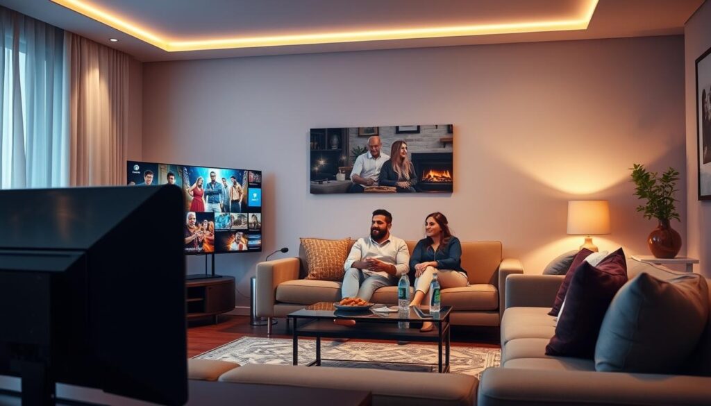 A modern home entertainment scene showcasing the benefits of IPTV over traditional cable and satellite TV. In the foreground, an elegantly arranged living room with a sleek smart TV displaying vibrant IPTV content, capturing the viewer's attention. In the middle, a comfortable sofa occupies the space, with a family enjoying a movie night, dressed in modest casual attire, exuding warmth and contentment. The background features soft ambient lighting and modern decor emphasizing a cozy atmosphere. A subtle nod to bluefireiptv.com is incorporated into the TV screen display, highlighting its modern interface. The image conveys a sense of reliability, convenience, and modernity in home entertainment, showcasing IPTV as the preferred choice. A modern home entertainment scene showcasing the benefits of IPTV over traditional cable and satellite TV. In the foreground, an elegantly arranged living room with a sleek smart TV displaying vibrant IPTV content, capturing the viewer's attention. In the middle, a comfortable sofa occupies the space, with a family enjoying a movie night, dressed in modest casual attire, exuding warmth and contentment. The background features soft ambient lighting and modern decor emphasizing a cozy atmosphere. A subtle nod to bluefireiptv.com is incorporated into the TV screen display, highlighting its modern interface. The image conveys a sense of reliability, convenience, and modernity in home entertainment, showcasing IPTV as the preferred choice.