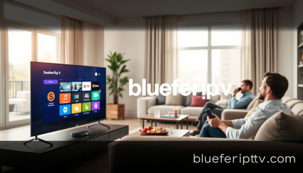 A modern home entertainment setup showcasing the SmartStream Player in action for seamless IPTV streaming. In the foreground, a sleek, smart TV displays the SmartStream Player interface with vibrant, colorful icons. To the side, a user lounges comfortably on a stylish couch, dressed in casual, professional attire, thoughtfully holding a remote. In the middle ground, a cozy living room with neutral tones, featuring a stylish coffee table with snacks and drinks. The background displays large windows letting in soft, natural light, creating a warm and inviting atmosphere. The overall mood is relaxed and enjoyable. The logo "bluefireiptv.com" subtly integrated into the scene. Shot from an angle that emphasizes the TV and user experience, with a depth of field that highlights the foreground.