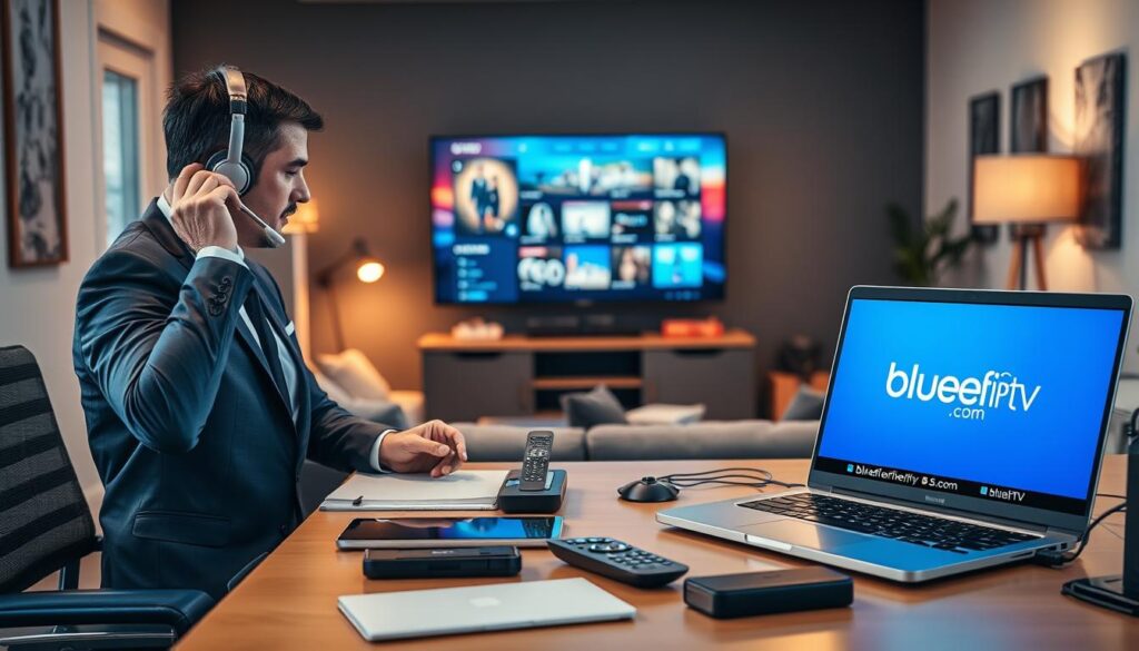 A modern home office scene illustrating the impact of customer support on IPTV experiences. In the foreground, a professional customer support agent wearing business attire, engaged in a phone call while assisting a user with IPTV setup. In the middle, a desk cluttered with technical devices like tablets and remote controls, alongside a laptop displaying the bluefireiptv.com logo. The background features a cozy living room with a large TV screen displaying a vibrant streaming service interface. Soft, warm lighting creates an inviting atmosphere, highlighting the connection between customer support and user satisfaction. The composition captures a sense of professionalism and reliability, emphasizing the critical role of support in enhancing IPTV experiences.