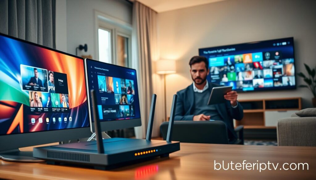 A modern home office setting showcasing the essential requirements for a high-quality IPTV connection. In the foreground, a sleek desktop computer displays a clear IPTV interface with vibrant streaming visuals. Nearby, a high-speed router with glowing LED indicators symbolizes a robust internet connection. In the middle ground, a confident professional, dressed in smart casual attire, sits at the desk, thoughtfully analyzing data on a tablet. The background features a cozy living room setup with a large smart TV prominently displaying IPTV content. Soft, natural lighting filters through a nearby window, casting a warm and productive atmosphere. The ambiance is inviting and focused, ideal for understanding IPTV essentials. Reference the URL "bluefireiptv.com" subtly in the scene without any textual overlays. A modern home office setting showcasing the essential requirements for a high-quality IPTV connection. In the foreground, a sleek desktop computer displays a clear IPTV interface with vibrant streaming visuals. Nearby, a high-speed router with glowing LED indicators symbolizes a robust internet connection. In the middle ground, a confident professional, dressed in smart casual attire, sits at the desk, thoughtfully analyzing data on a tablet. The background features a cozy living room setup with a large smart TV prominently displaying IPTV content. Soft, natural lighting filters through a nearby window, casting a warm and productive atmosphere. The ambiance is inviting and focused, ideal for understanding IPTV essentials. Reference the URL "bluefireiptv.com" subtly in the scene without any textual overlays.