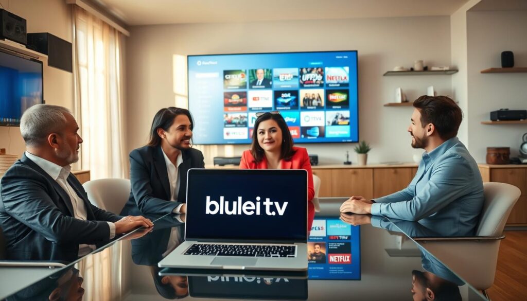 A modern home office setting where a diverse group of three people, dressed in professional business attire, are seated around a sleek, glass table. They are engaged in a discussion about selecting the best IPTV subscription, with a laptop open, displaying the website "bluefireiptv.com" in the foreground. In the middle ground, a digital screen on the wall shows various IPTV packages and channels. The background features shelves with tech gadgets and a large window allowing warm, natural daylight to filter in, casting soft shadows. The atmosphere is focused and collaborative, emphasizing the importance of making informed decisions in 2026 about IPTV services. The angle is slightly above, capturing the interaction and details of their discussion. A modern home office setting where a diverse group of three people, dressed in professional business attire, are seated around a sleek, glass table. They are engaged in a discussion about selecting the best IPTV subscription, with a laptop open, displaying the website "bluefireiptv.com" in the foreground. In the middle ground, a digital screen on the wall shows various IPTV packages and channels. The background features shelves with tech gadgets and a large window allowing warm, natural daylight to filter in, casting soft shadows. The atmosphere is focused and collaborative, emphasizing the importance of making informed decisions in 2026 about IPTV services. The angle is slightly above, capturing the interaction and details of their discussion.