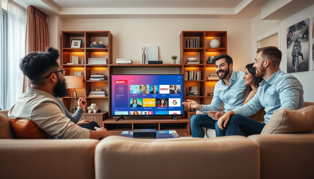 A modern, inviting living room scene showcasing a diverse group of people enjoying IPTV content together. In the foreground, a group of three individuals—two men and one woman—are seated comfortably on a stylish sofa, dressed in smart casual attire, enthusiastically discussing various IPTV subscription options. The middle ground features a large flat-screen television displaying a colorful IPTV interface with categories like sports, movies, and documentaries. In the background, a cozy bookshelf lined with IPTV devices and promotional material, including the brand name "bluefireiptv.com," adds depth. The room is well-lit with warm, soft lighting, creating an inviting atmosphere that conveys excitement and community. The overall mood is friendly and engaging, ideal for exploring new entertainment options. A modern, inviting living room scene showcasing a diverse group of people enjoying IPTV content together. In the foreground, a group of three individuals—two men and one woman—are seated comfortably on a stylish sofa, dressed in smart casual attire, enthusiastically discussing various IPTV subscription options. The middle ground features a large flat-screen television displaying a colorful IPTV interface with categories like sports, movies, and documentaries. In the background, a cozy bookshelf lined with IPTV devices and promotional material, including the brand name "bluefireiptv.com," adds depth. The room is well-lit with warm, soft lighting, creating an inviting atmosphere that conveys excitement and community. The overall mood is friendly and engaging, ideal for exploring new entertainment options.