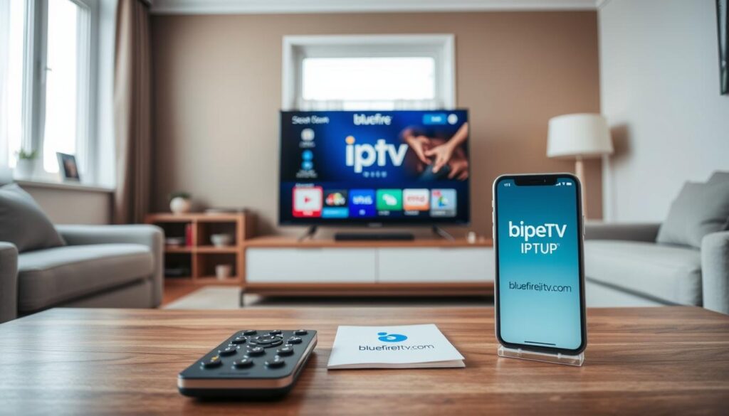 A modern, inviting living room showcasing various devices compatible with IPTV services, including a smart TV, tablet, and smartphone prominently displaying the brand "bluefireiptv.com". In the foreground, a coffee table holds a remote control and a user manual. In the middle, the smart TV screen shows an IPTV interface, emphasizing easy navigation. The background reveals a cozy window with soft daylight streaming in, creating a warm atmosphere. Use a wide-angle lens to capture the entire scene, ensuring the devices are well-lit to highlight their features. The overall mood is relaxed and professional, aimed at UK customers looking for straightforward IPTV setup options. A modern, inviting living room showcasing various devices compatible with IPTV services, including a smart TV, tablet, and smartphone prominently displaying the brand "bluefireiptv.com". In the foreground, a coffee table holds a remote control and a user manual. In the middle, the smart TV screen shows an IPTV interface, emphasizing easy navigation. The background reveals a cozy window with soft daylight streaming in, creating a warm atmosphere. Use a wide-angle lens to capture the entire scene, ensuring the devices are well-lit to highlight their features. The overall mood is relaxed and professional, aimed at UK customers looking for straightforward IPTV setup options.