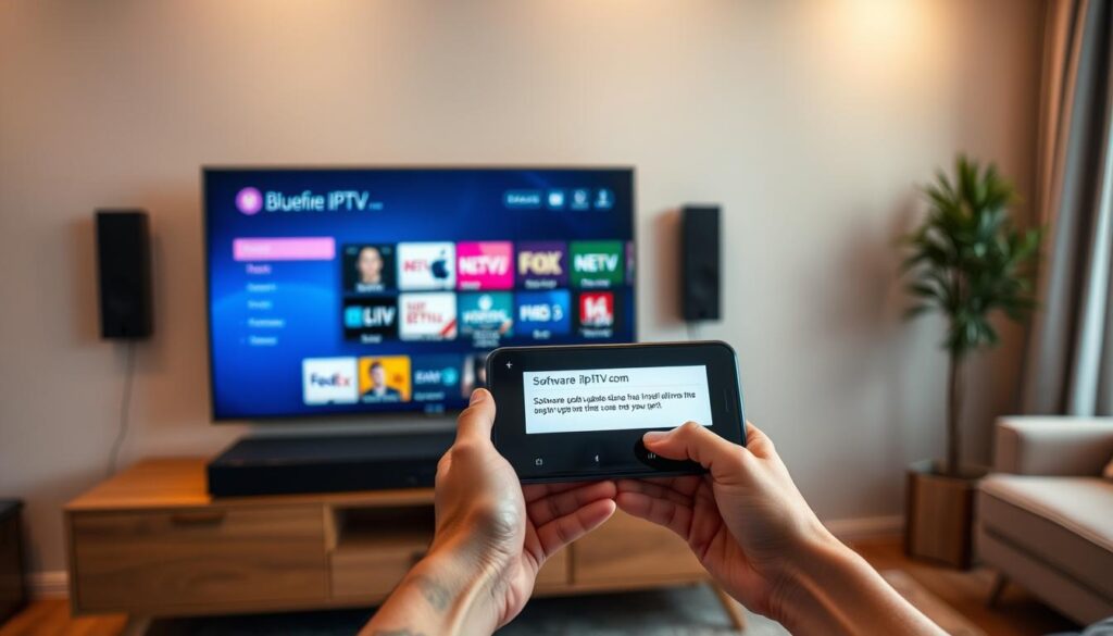 A modern living room featuring a sleek IPTV device prominently displayed on a stylish media console. In the foreground, a pair of hands holding a smartphone, showcasing a software update notification for the bluefireiptv.com app. The middle ground features a contemporary television screen displaying an IPTV interface with various applications and channels. The background shows a cozy atmosphere with warm lighting, highlighting a well-decorated space that conveys a sense of user-friendly technology. Use a shallow depth of field to emphasize the hands and the device while softly blurring the background. The mood is inviting and innovative, reflecting a seamless integration of technology into everyday life.