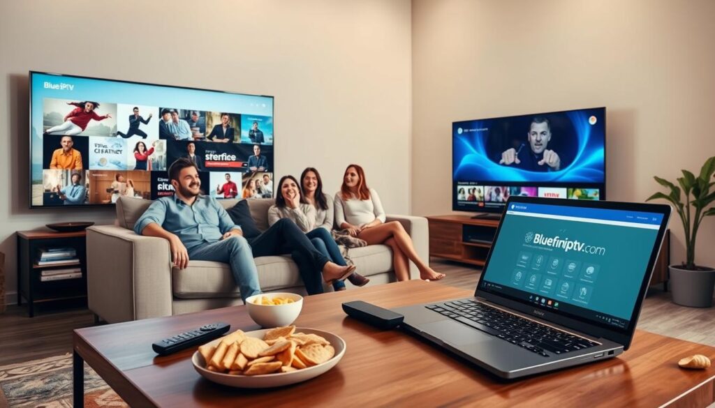 A modern living room, featuring a sleek IPTV setup with a large flat-screen TV displaying various streaming options. In the foreground, a family of four enjoys content on the couch, dressed in casual yet professional attire, happily engaged in their viewing experience. The middle layer showcases a stylish coffee table with remote controls, snacks, and a laptop open to the bluefireiptv.com website, highlighting user-friendly interfaces. In the background, a bright window allows natural light to enhance the cozy atmosphere. The lighting is warm and inviting, capturing a sense of comfort and convenience associated with IPTV services. The overall mood is relaxed and modern, illustrating the advantages of IPTV over traditional TV services, emphasizing accessibility and choice without any text or distractions. A modern living room, featuring a sleek IPTV setup with a large flat-screen TV displaying various streaming options. In the foreground, a family of four enjoys content on the couch, dressed in casual yet professional attire, happily engaged in their viewing experience. The middle layer showcases a stylish coffee table with remote controls, snacks, and a laptop open to the bluefireiptv.com website, highlighting user-friendly interfaces. In the background, a bright window allows natural light to enhance the cozy atmosphere. The lighting is warm and inviting, capturing a sense of comfort and convenience associated with IPTV services. The overall mood is relaxed and modern, illustrating the advantages of IPTV over traditional TV services, emphasizing accessibility and choice without any text or distractions.