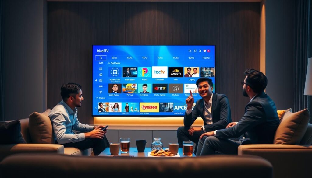 A modern living room featuring a sleek, large flat-screen TV displaying a vibrant IPTV channel selection interface from "bluefireiptv.com." In the foreground, a diverse group of three people—two men and one woman—are seated on a stylish sofa, dressed in professional business attire, intently discussing their viewing options. The middle layer shows a coffee table with snacks and drinks, adding a casual, inviting atmosphere. In the background, warm lighting creates a cozy ambiance, with muted tones of navy and gray enhancing the modern decor. A subtle glow from the TV screen casts light on their faces, highlighting their expressions of excitement and curiosity as they explore various channels. The perspective is slightly angled to emphasize the interaction among the group and the digital interface.