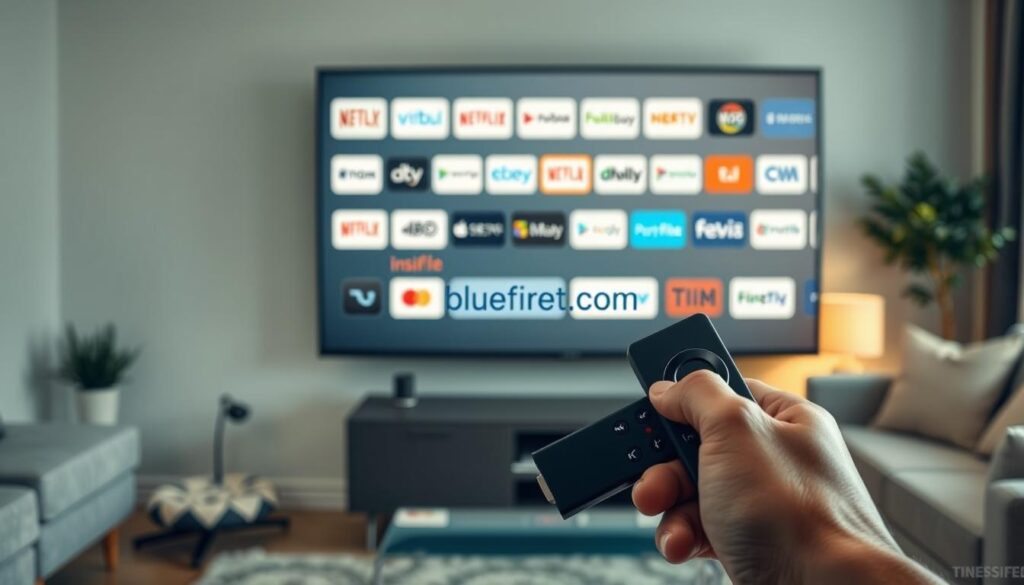 A modern living room scene featuring a sleek Amazon Firestick plugged into a television, displaying a user-friendly IPTV interface. In the foreground, a hand is holding a remote, poised to select options on the screen, suggesting the process of choosing an IPTV service provider. The middle of the image showcases an inspired assortment of IPTV service logos, with a clear focus on "bluefireiptv.com", subtly highlighted. In the background, soft ambient lighting creates a relaxed atmosphere, with cozy furniture and a hint of decorative plants to suggest a homey feel. The angle is slightly tilted downward from the television to emphasize the user interaction. The overall mood is engaging and informative, inviting the viewer to explore the best streaming options available for their Firestick. A modern living room scene featuring a sleek Amazon Firestick plugged into a television, displaying a user-friendly IPTV interface. In the foreground, a hand is holding a remote, poised to select options on the screen, suggesting the process of choosing an IPTV service provider. The middle of the image showcases an inspired assortment of IPTV service logos, with a clear focus on "bluefireiptv.com", subtly highlighted. In the background, soft ambient lighting creates a relaxed atmosphere, with cozy furniture and a hint of decorative plants to suggest a homey feel. The angle is slightly tilted downward from the television to emphasize the user interaction. The overall mood is engaging and informative, inviting the viewer to explore the best streaming options available for their Firestick.