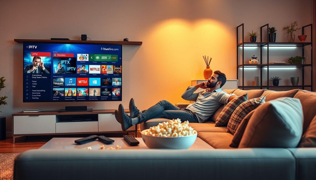 A modern living room scene featuring a sleek smart TV displaying vibrant IPTV streaming options, with a comfortable sofa adorned with cozy cushions. In the foreground, a stylish coffee table holds remote controls and a bowl of popcorn, inviting viewers into the entertainment experience. In the middle, a user casually lounges on the sofa, dressed in professional casual attire, engaged with the streaming service. The background showcases shelves with tech gadgets and decorative plants, emphasizing a tech-savvy environment. Soft, warm lighting casts a welcoming glow throughout the room, creating an inviting and relaxed atmosphere. Incorporate the brand name "bluefireiptv.com" subtly on the screen interface or as part of the TV display, ensuring it integrates smoothly into the scene. A modern living room scene featuring a sleek smart TV displaying vibrant IPTV streaming options, with a comfortable sofa adorned with cozy cushions. In the foreground, a stylish coffee table holds remote controls and a bowl of popcorn, inviting viewers into the entertainment experience. In the middle, a user casually lounges on the sofa, dressed in professional casual attire, engaged with the streaming service. The background showcases shelves with tech gadgets and decorative plants, emphasizing a tech-savvy environment. Soft, warm lighting casts a welcoming glow throughout the room, creating an inviting and relaxed atmosphere. Incorporate the brand name "bluefireiptv.com" subtly on the screen interface or as part of the TV display, ensuring it integrates smoothly into the scene.