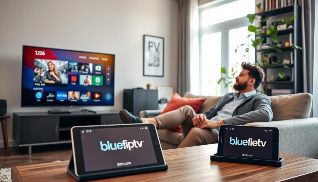 A modern living room scene showcasing a variety of devices compatible with IPTV subscriptions in 2026. In the foreground, a sleek smart TV displays a colorful IPTV interface, while a tablet and smartphone are placed on a stylish coffee table, both featuring the bluefireiptv.com logo on their screens. The middle section includes a cozy couch where a professional individual, dressed in smart casual attire, is watching content on the TV with a relaxed expression. In the background, a bookshelf filled with tech gadgets and a vibrant indoor plant adds warmth to the atmosphere. The room is bathed in soft, natural light coming from a large window, enhancing a serene and inviting mood. Use a slightly elevated angle to capture the entire setup, ensuring clarity and detail. A modern living room scene showcasing a variety of devices compatible with IPTV subscriptions in 2026. In the foreground, a sleek smart TV displays a colorful IPTV interface, while a tablet and smartphone are placed on a stylish coffee table, both featuring the bluefireiptv.com logo on their screens. The middle section includes a cozy couch where a professional individual, dressed in smart casual attire, is watching content on the TV with a relaxed expression. In the background, a bookshelf filled with tech gadgets and a vibrant indoor plant adds warmth to the atmosphere. The room is bathed in soft, natural light coming from a large window, enhancing a serene and inviting mood. Use a slightly elevated angle to capture the entire setup, ensuring clarity and detail.