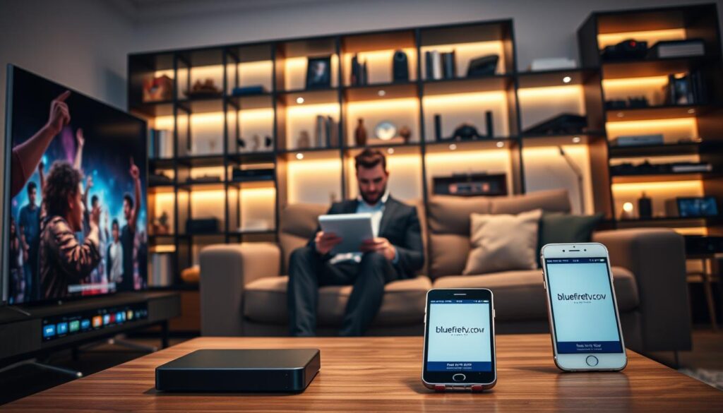 A modern living room scene showcasing device compatibility for IPTV services. In the foreground, a sleek smart TV displays vibrant streaming content, while a tablet and smartphone sit nearby, all featuring the logo of "bluefireiptv.com." The middle ground features a comfortable couch with a professional-looking individual wearing smart casual attire, absorbed in a movie on the tablet. The background has a stylish bookshelf filled with tech gadgets and decor, illuminated by warm ambient lighting that creates a cozy atmosphere. Camera angle from slightly above the coffee table, focusing on the connection between devices. The overall mood is relaxed yet modern, highlighting the versatility and seamless viewing experience across different platforms. A modern living room scene showcasing device compatibility for IPTV services. In the foreground, a sleek smart TV displays vibrant streaming content, while a tablet and smartphone sit nearby, all featuring the logo of "bluefireiptv.com." The middle ground features a comfortable couch with a professional-looking individual wearing smart casual attire, absorbed in a movie on the tablet. The background has a stylish bookshelf filled with tech gadgets and decor, illuminated by warm ambient lighting that creates a cozy atmosphere. Camera angle from slightly above the coffee table, focusing on the connection between devices. The overall mood is relaxed yet modern, highlighting the versatility and seamless viewing experience across different platforms.