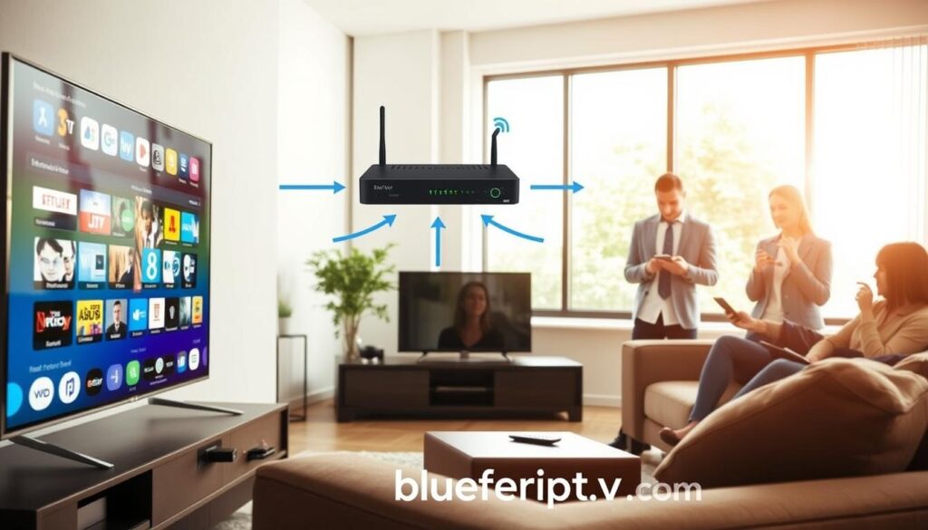 A modern living room scene showcasing the concept of IPTV subscription. In the foreground, a stylish television displays various streaming icons and channels, emphasizing the ease of access. A comfortable couch with a remote control resting on it suggests a cozy viewing experience. In the middle, an infographic-like representation of the IPTV setup is visible, featuring a broadband router, a digital receiver box, and arrows illustrating data flow from the internet to the TV. The background features a large window with natural light filtering in, creating a warm and inviting atmosphere. Professional adults in modest casual clothing interact with devices like tablets and smartphones, emphasizing the connectivity of IPTV. The overall mood is informative yet relaxed, perfect for learning about IPTV subscriptions. The brand "bluefireiptv.com" is subtly integrated into the scene, enhancing the informative context without overshadowing the visuals. A modern living room scene showcasing the concept of IPTV subscription. In the foreground, a stylish television displays various streaming icons and channels, emphasizing the ease of access. A comfortable couch with a remote control resting on it suggests a cozy viewing experience. In the middle, an infographic-like representation of the IPTV setup is visible, featuring a broadband router, a digital receiver box, and arrows illustrating data flow from the internet to the TV. The background features a large window with natural light filtering in, creating a warm and inviting atmosphere. Professional adults in modest casual clothing interact with devices like tablets and smartphones, emphasizing the connectivity of IPTV. The overall mood is informative yet relaxed, perfect for learning about IPTV subscriptions. The brand "bluefireiptv.com" is subtly integrated into the scene, enhancing the informative context without overshadowing the visuals.